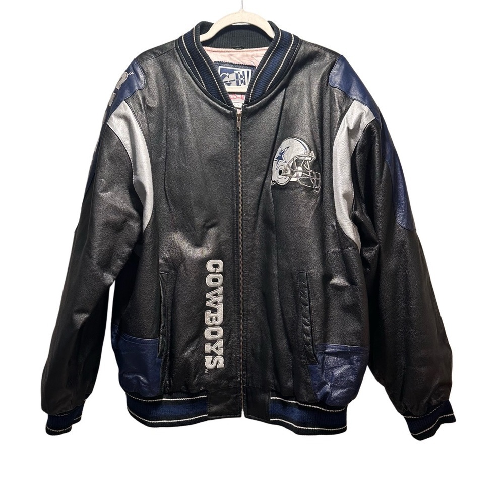 Vintage Carl Banks Dallas Cowboys Black Silver Blue Leather Bomber Jacket XL - Picture 3 of 16